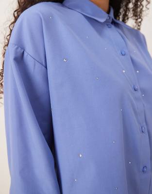 Jdy Embellished Gem Boxy Shirt In Blue