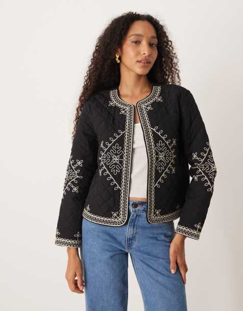 JDY embroidery detail quilted jacket in black - view 1