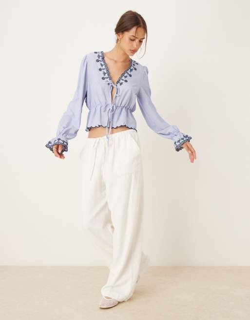 JDY embroidery detail tie front top in light blue, 2 of 4
