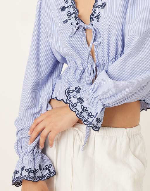 JDY embroidery detail tie front top in light blue, 4 of 4