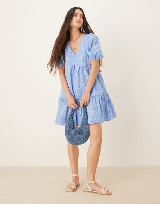 JDY embroidery detail tiered mini dress in blue, 4 of 4