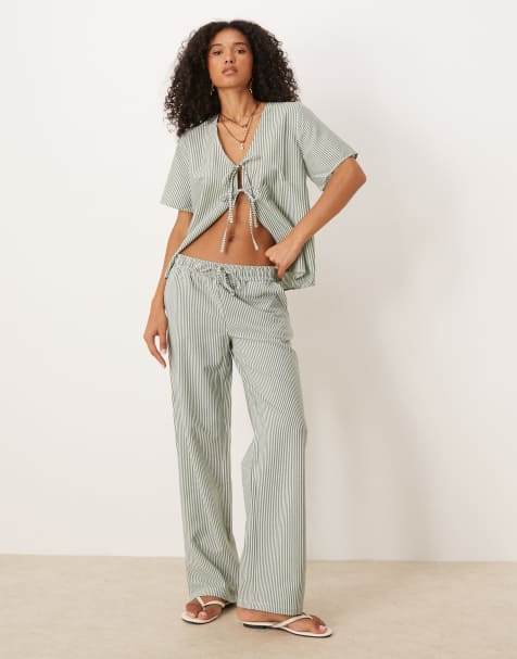 JDY - Ensemble en crépon avec top noué devant et pantalon - Vert rayé - view 1