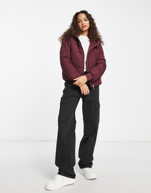 JDY erin hood puffer jacket in burgundy ASOS