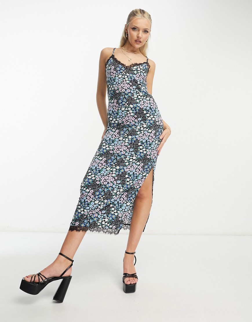 JDY exclusive lace trim midi dress with side split in blue ditsy floral