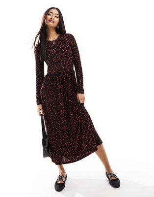 JDY exclusive midi dress in black and red ditsy floral