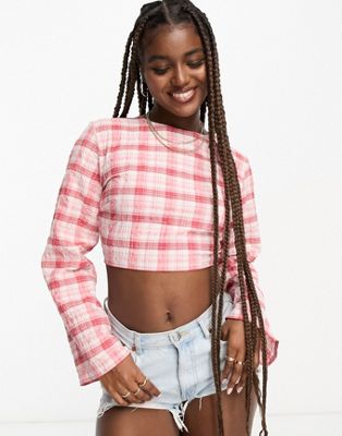JDY exclusive open back textured top in pink check