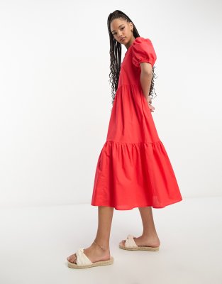 JDY exclusive puff sleeve midi smock dress in bright red