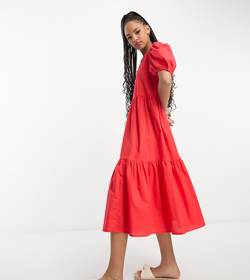 JDY exclusive puff sleeve midi smock dress in bright red