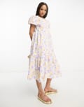 [JDY] JDY exclusive puff sleeve midi smock dress in purple & orange retro floral-Multi S Multi floral