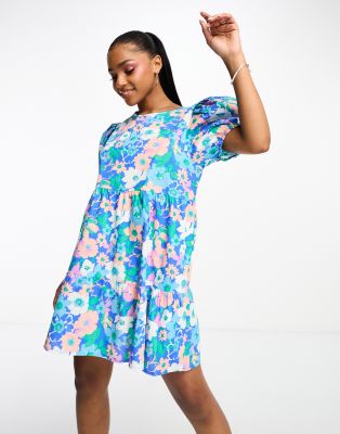 Jdy Exclusive Puff Sleeve Mini Smock Dress In Print Blue & Pink Floral