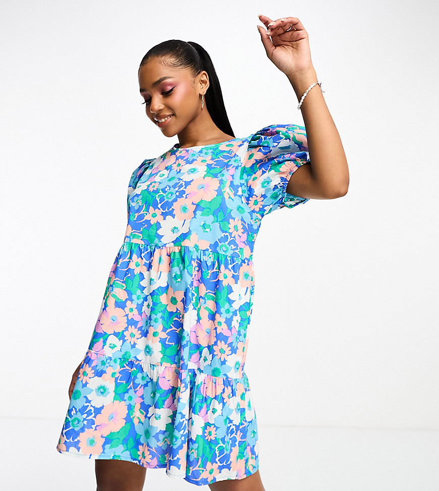 JDY exclusive puff sleeve mini smock dress in print blue & pink floral
