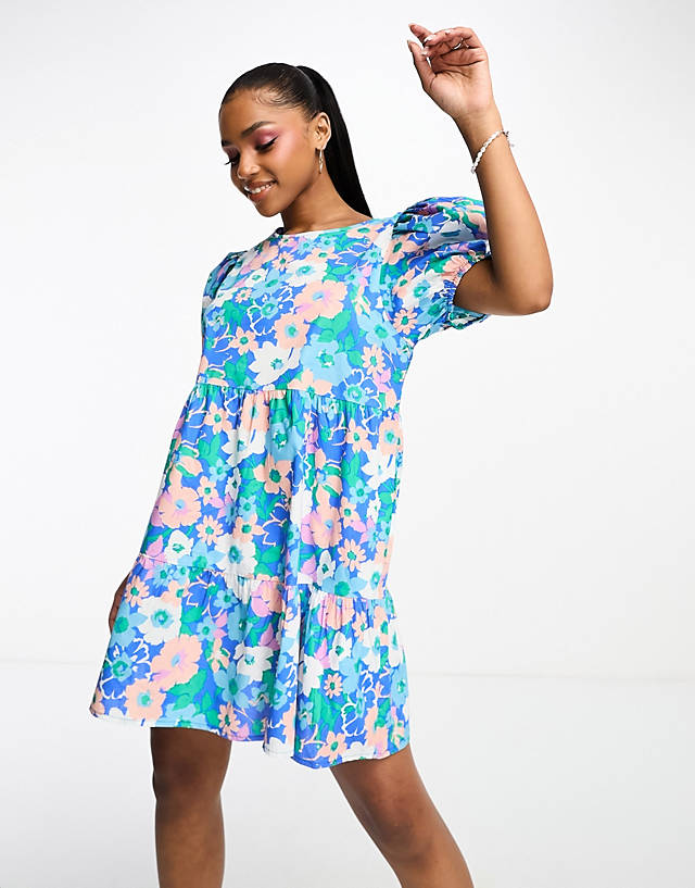 JDY - exclusive puff sleeve mini smock dress in print blue & pink floral