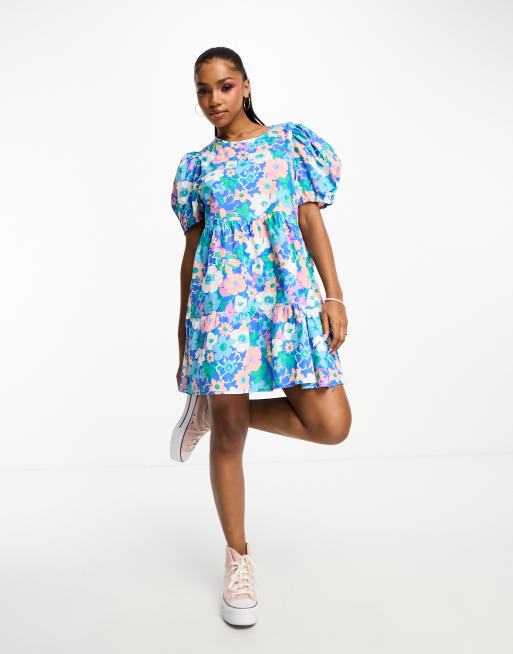 JDY exclusive puff sleeve mini smock dress in print blue & pink floral |  ASOS