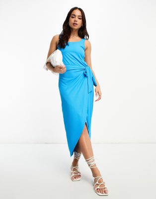 exclusive ribbed sarong midi dress in bright blue