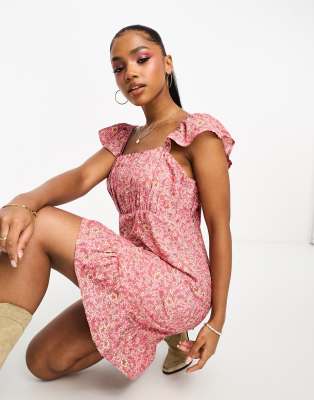 exclusive ruched front milkmaid mini dress in pink & yellow floral-Multi