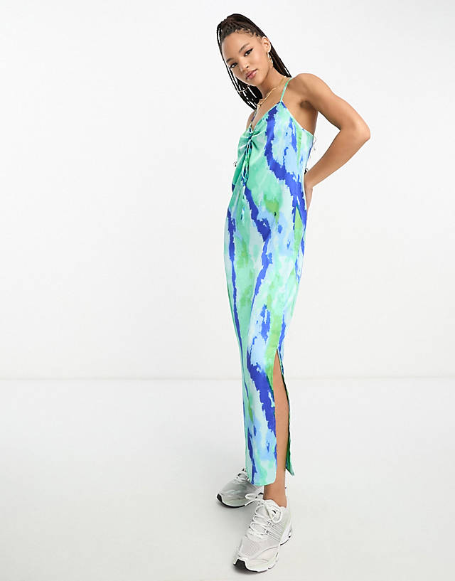 JDY - exclusive ruched satin midi dress in blue & green watercolour