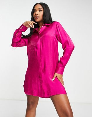 JDY exclusive satin shirt mini dress in bright pink