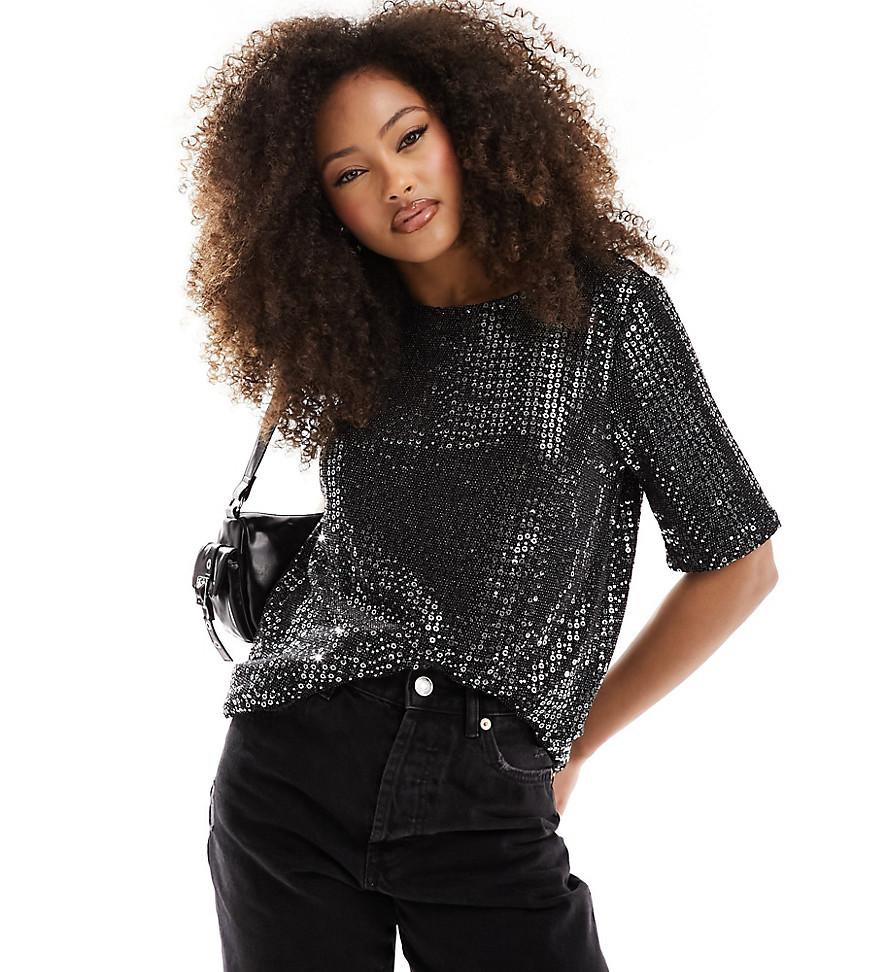 JDY exclusive sequin long t-shirt in silver & black