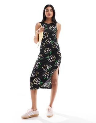 Jdy Exclusive Side Split Midi Dress In Multi Floral-black