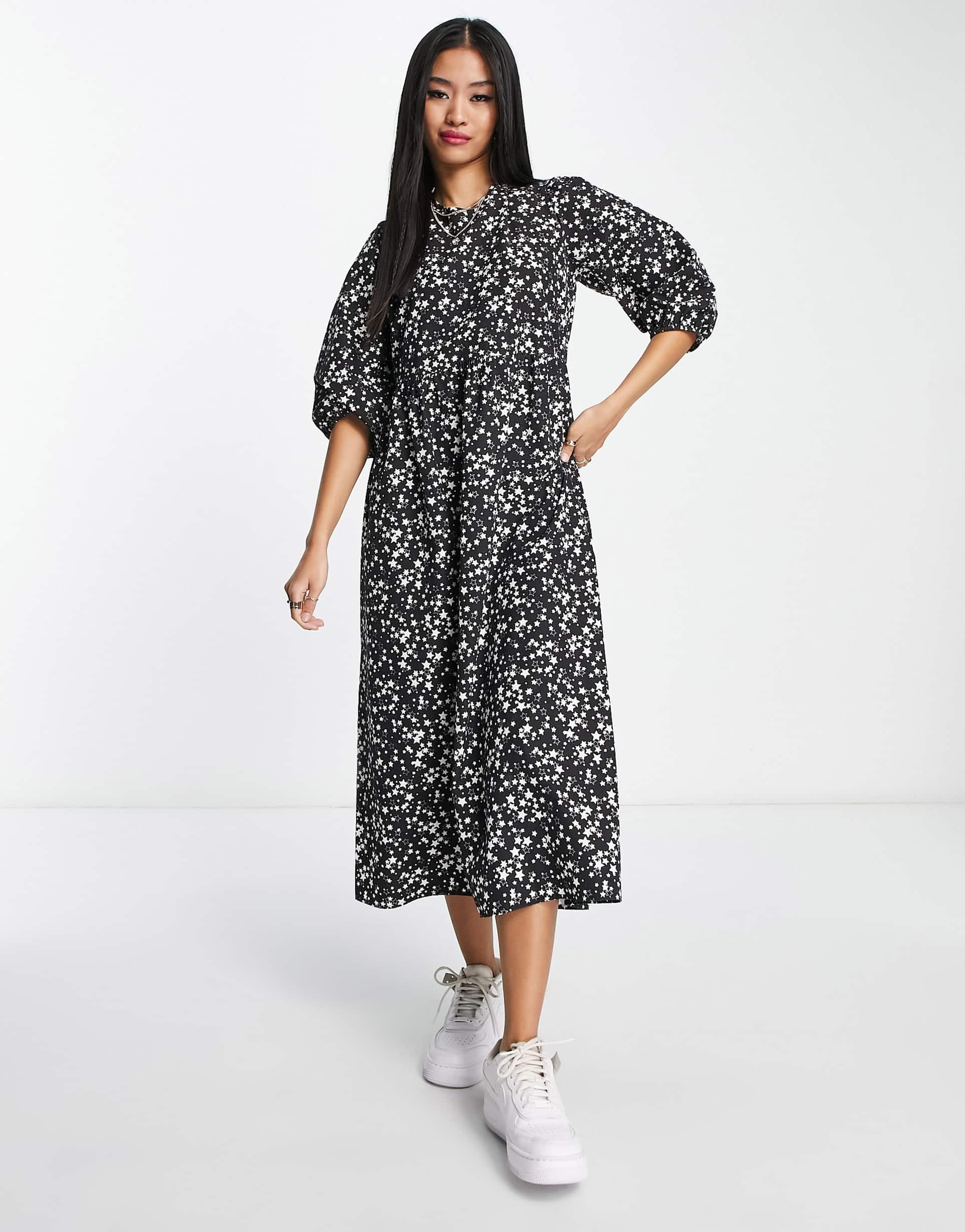 jdy exclusive smock midi dress in black & white star print