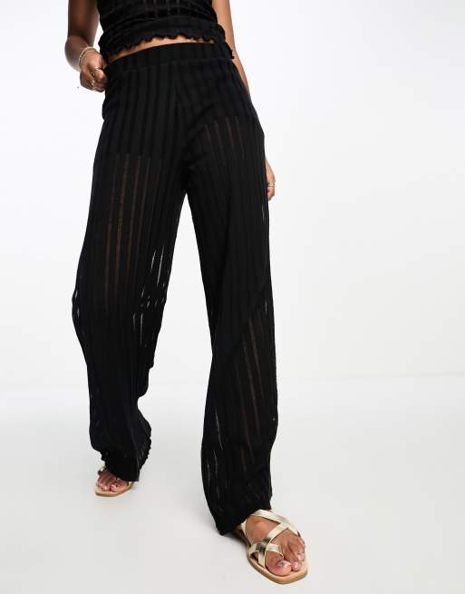 Black Mesh Stripe High Waisted Wide Leg Pants