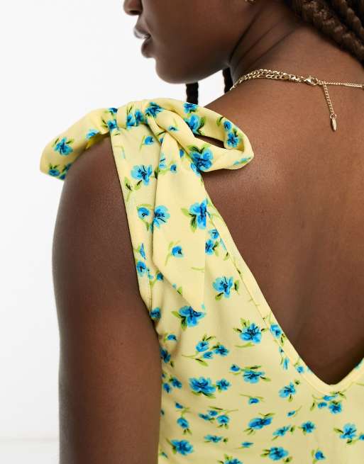 JDY exclusive tie shoulder mini dress in yellow & blue floral, 3 of 4