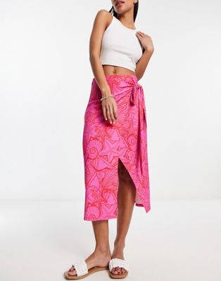 JDY exclusive wrap midi skirt in pink & red seashell print