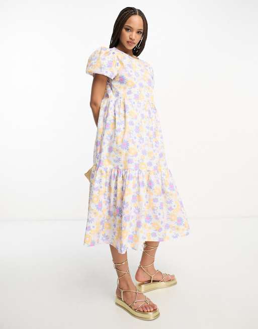 JDY - Exclusivité - Robe babydoll mi-longue à manches bouffantes et motif à fleurs rétro - Violet et orange