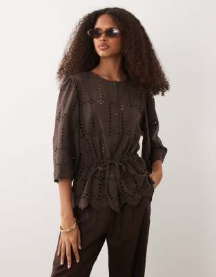 Jdy Eyelet Detailing Short Sleeve Shirt In Brown