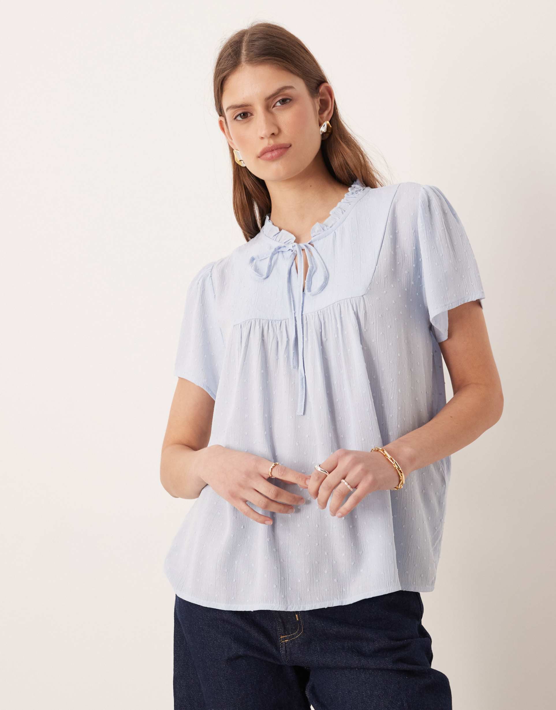 jdy eyelet pussybow blouse in light blue