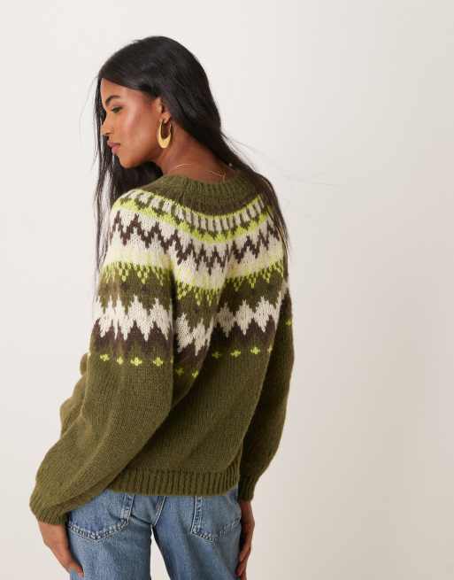 JDY fair isle knitted jumper in green ASOS