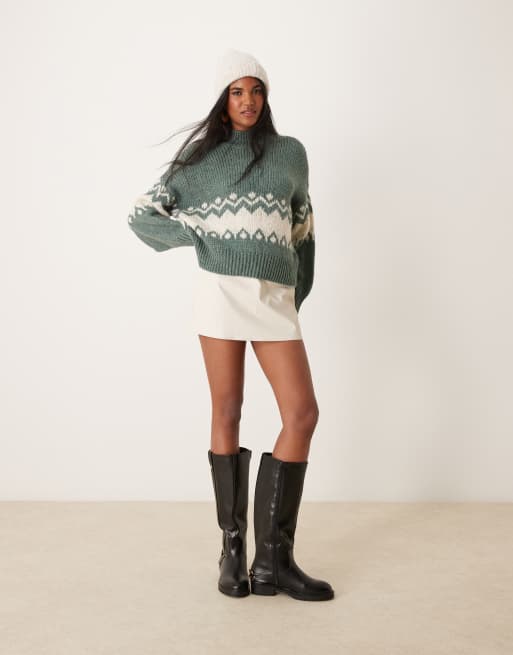 JDY fair isle knitted jumper in teal, 3 of 4