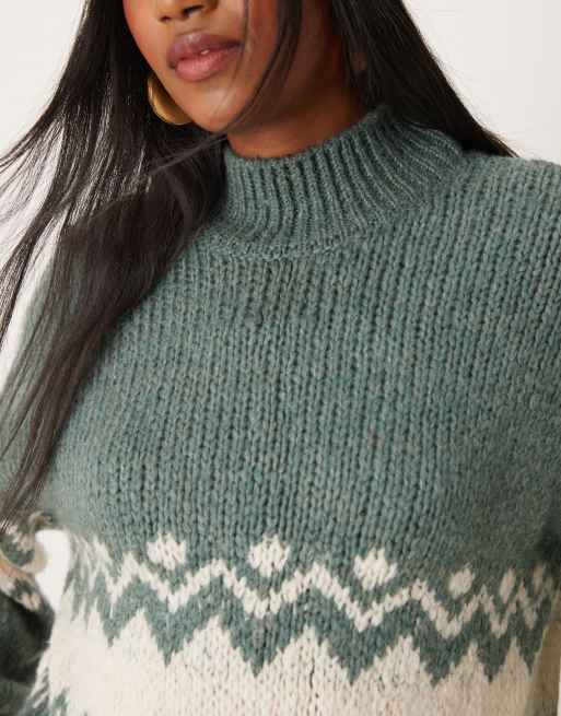 JDY fair isle knitted jumper in teal, 4 of 4