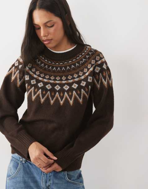 JDY fairisle knitted sweater in brown - view 1