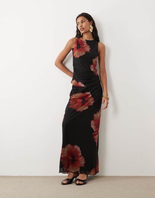 JDY - Falda negra fruncida con estampado floral de malla (parte de un conjunto), 2 de 5