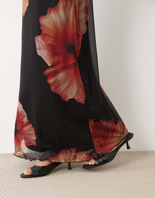 JDY - Falda negra fruncida con estampado floral de malla (parte de un conjunto), 4 de 5
