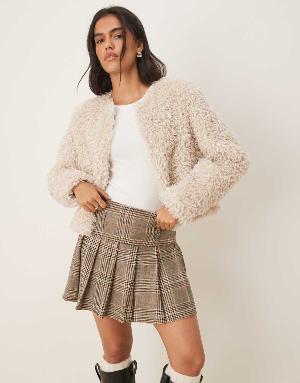 JDY faux fur cropped jacket in white