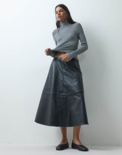 JDY faux leather a-line midi skirt in black - view 1