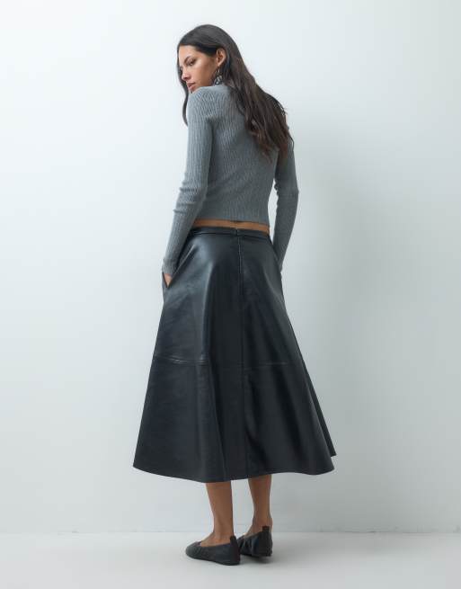 JDY faux leather a-line midi skirt in black, 2 of 5