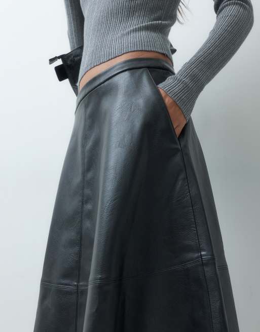 JDY faux leather a-line midi skirt in black, 3 of 5
