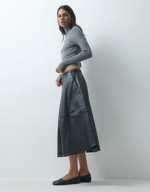 JDY faux leather a-line midi skirt in black, 5 of 5