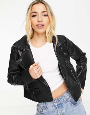 JDY faux leather biker jacket in black | ASOS