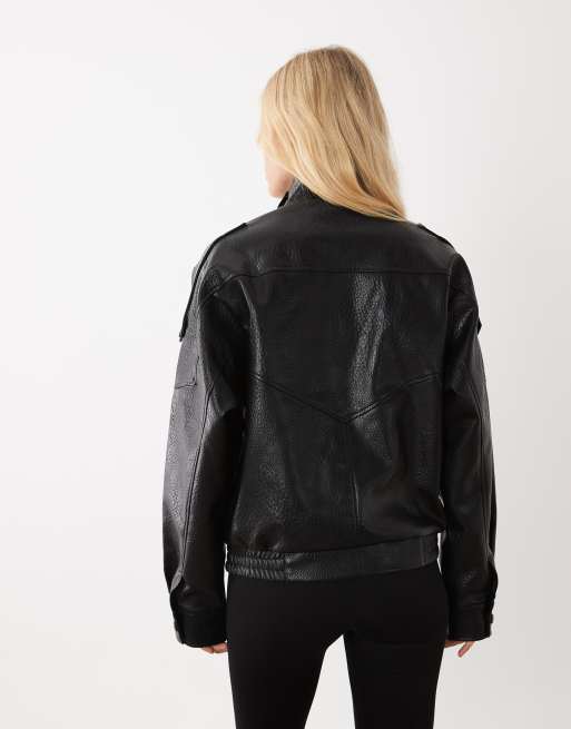 JDY faux leather bomber jacket in black, 4 of 4