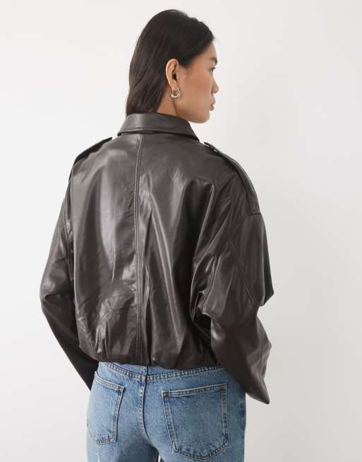 JDY faux leather bomber jacket in brown, 2 of 5