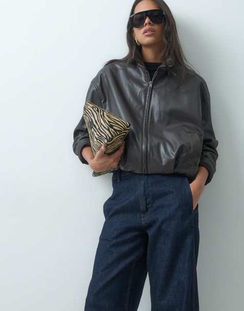 JDY faux leather bomber jacket in brown - view 1