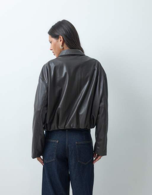 JDY faux leather bomber jacket in brown, 4 of 4