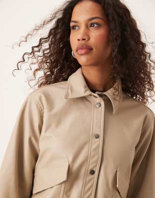 Jdy Faux Leather Bomber Jacket With Collar In Neutral