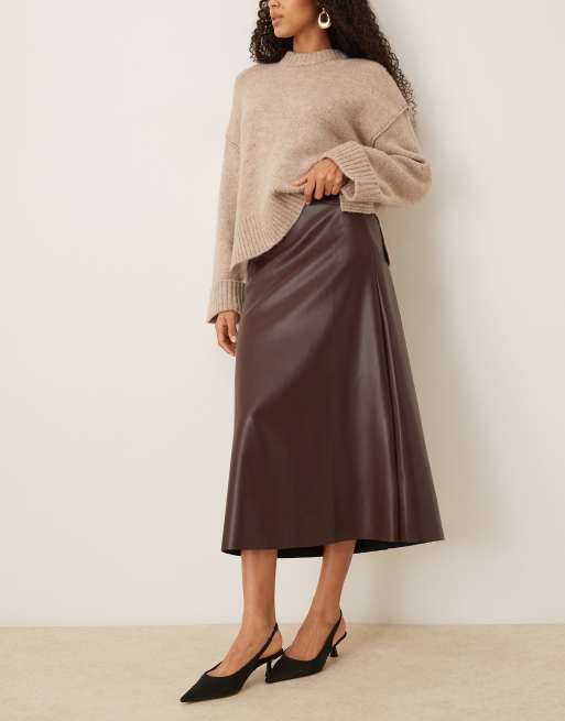 JDY faux leather midaxi skirt in chocolate brown, 3 of 5