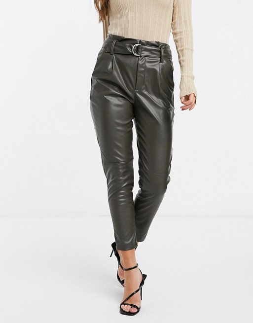 JDY leather look tapered trousers with belt in green
