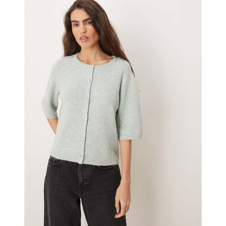 JDY faux pearl buttons short sleeve knit cardigan in sage green | ASOS